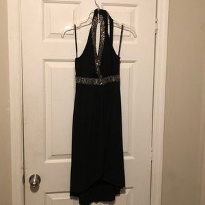 Black tie neck party dress with beaded accents